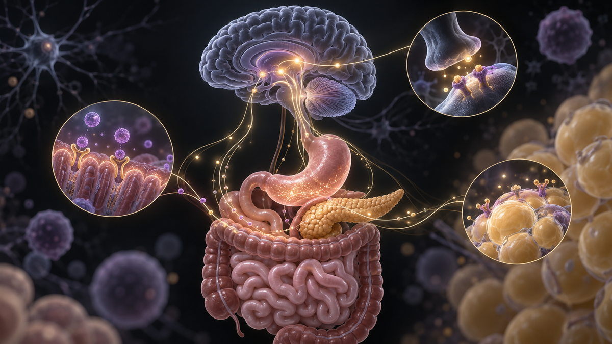Original medical illustration for: How GLP-1 Weight-Loss Medications Work: A Patient's Guide to the Brain and Body Pathways Behind Drugs Like Semaglutide and Tirzepatide