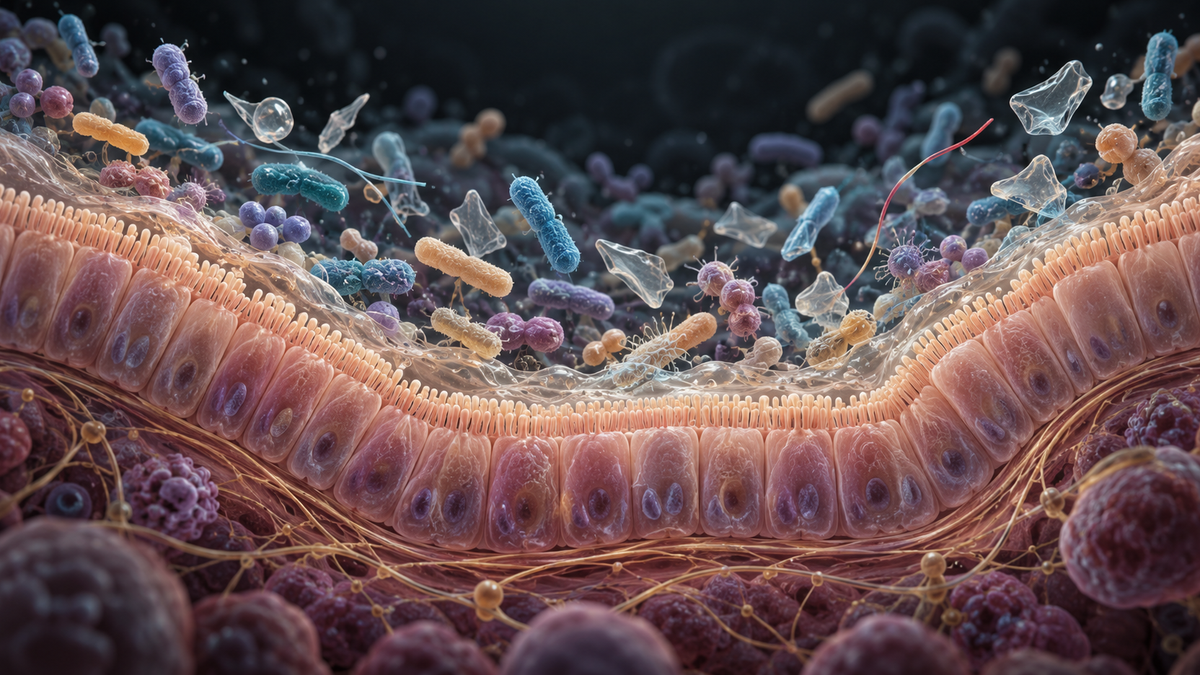 Original medical illustration for: How Microplastics May Disrupt the Human Gut Microbiome: What the Research Shows