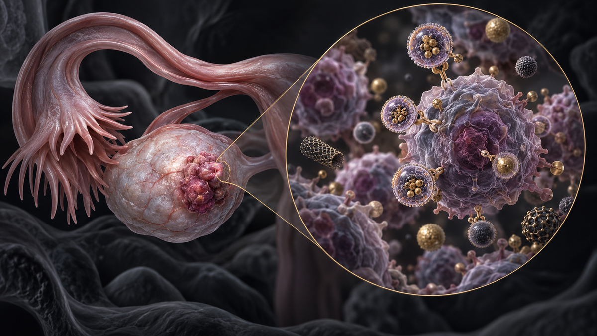 Original medical illustration for: Nanoparticles in Ovarian Cancer: How Tiny Particles Are Changing Diagnosis and Treatment