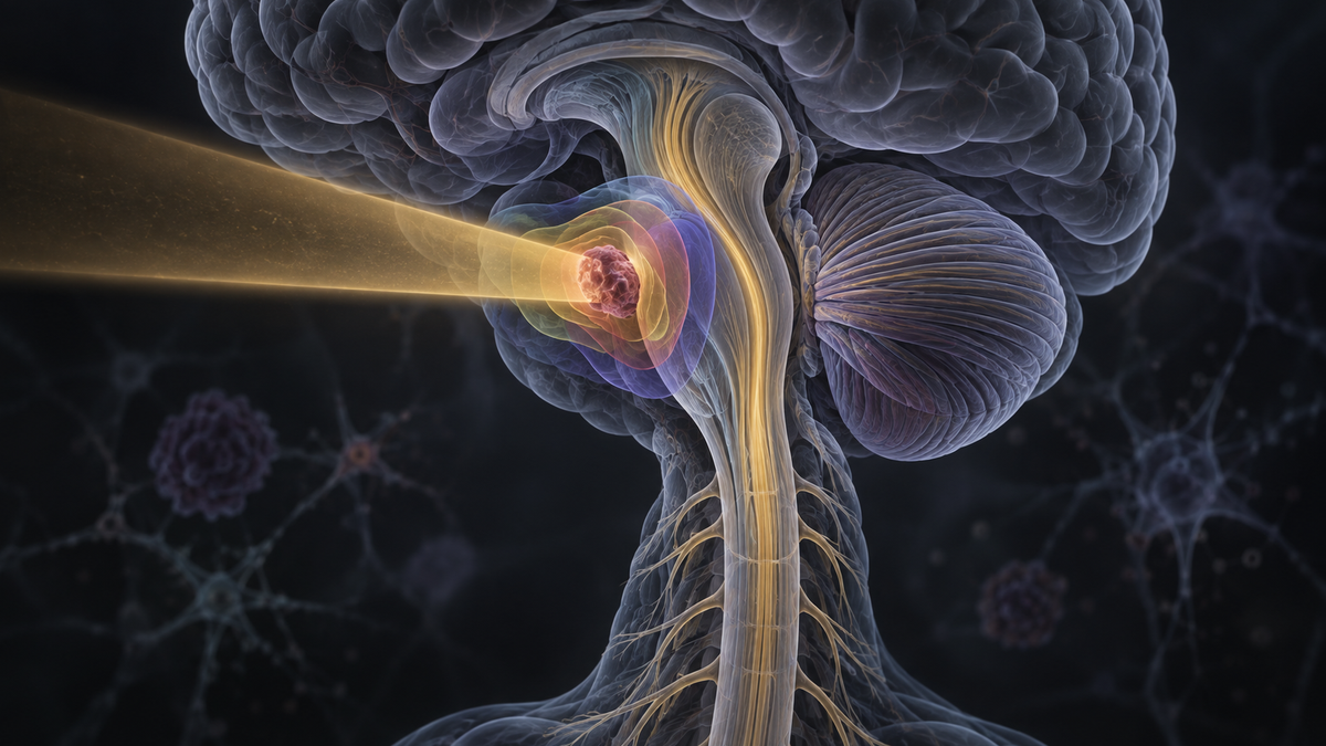 Original medical illustration for: Proton Therapy's Hidden Uncertainty: New "Ensemble" Models Aim to Protect the Brainstem and Spinal Cord