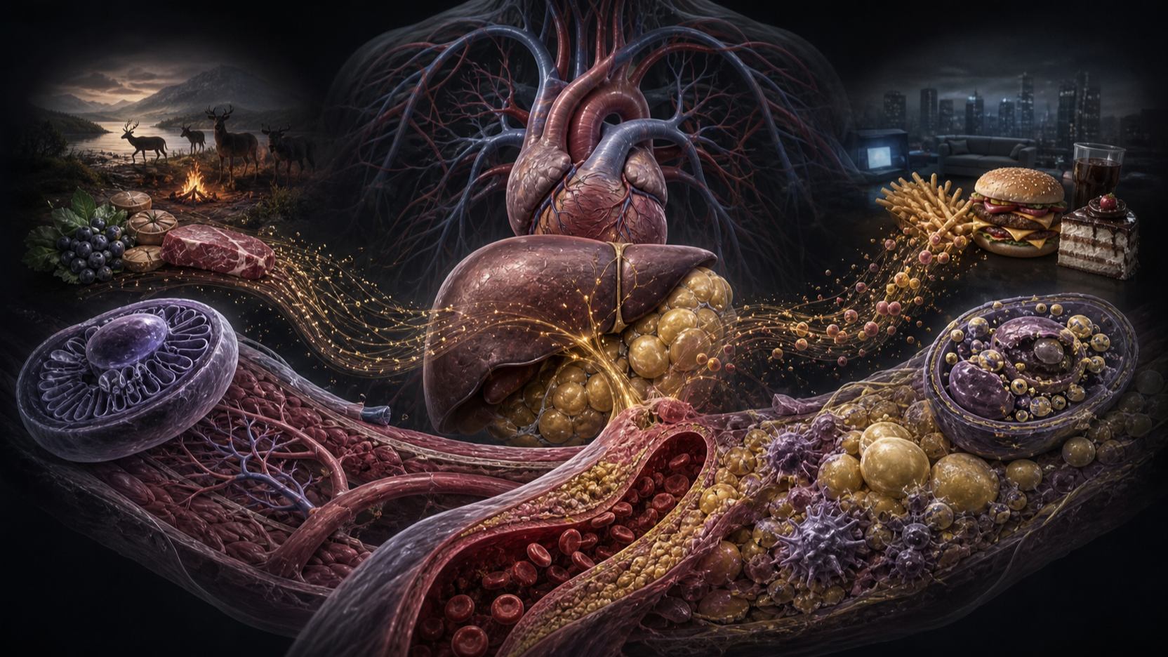 Original medical illustration for: The Evolutionary Mismatch: Why Modern Diets and Lifestyles Cause Chronic Diseases
