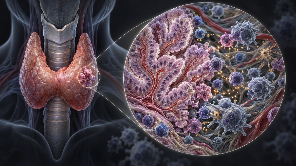Original medical illustration for: Understanding the Immune System's Role in Papillary Thyroid Cancer: A Patient's Guide to the Tumor Microenvironment and New Treatment Possibilities